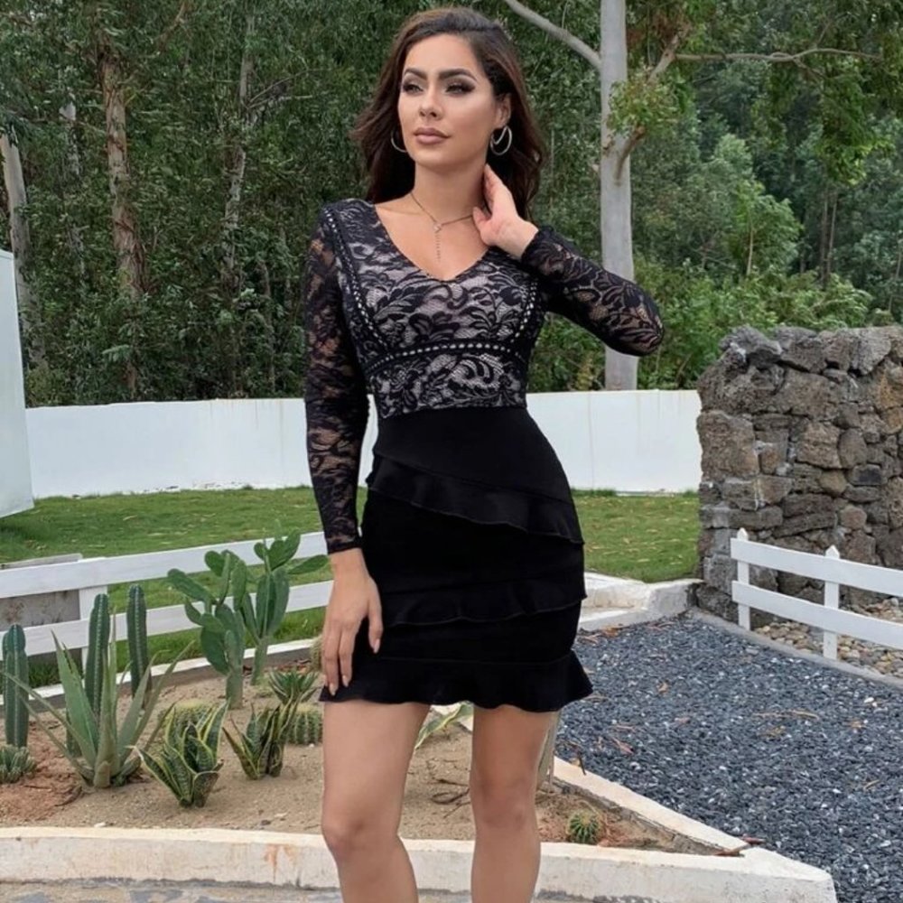 Tassel tie back ruffle trim lace dress